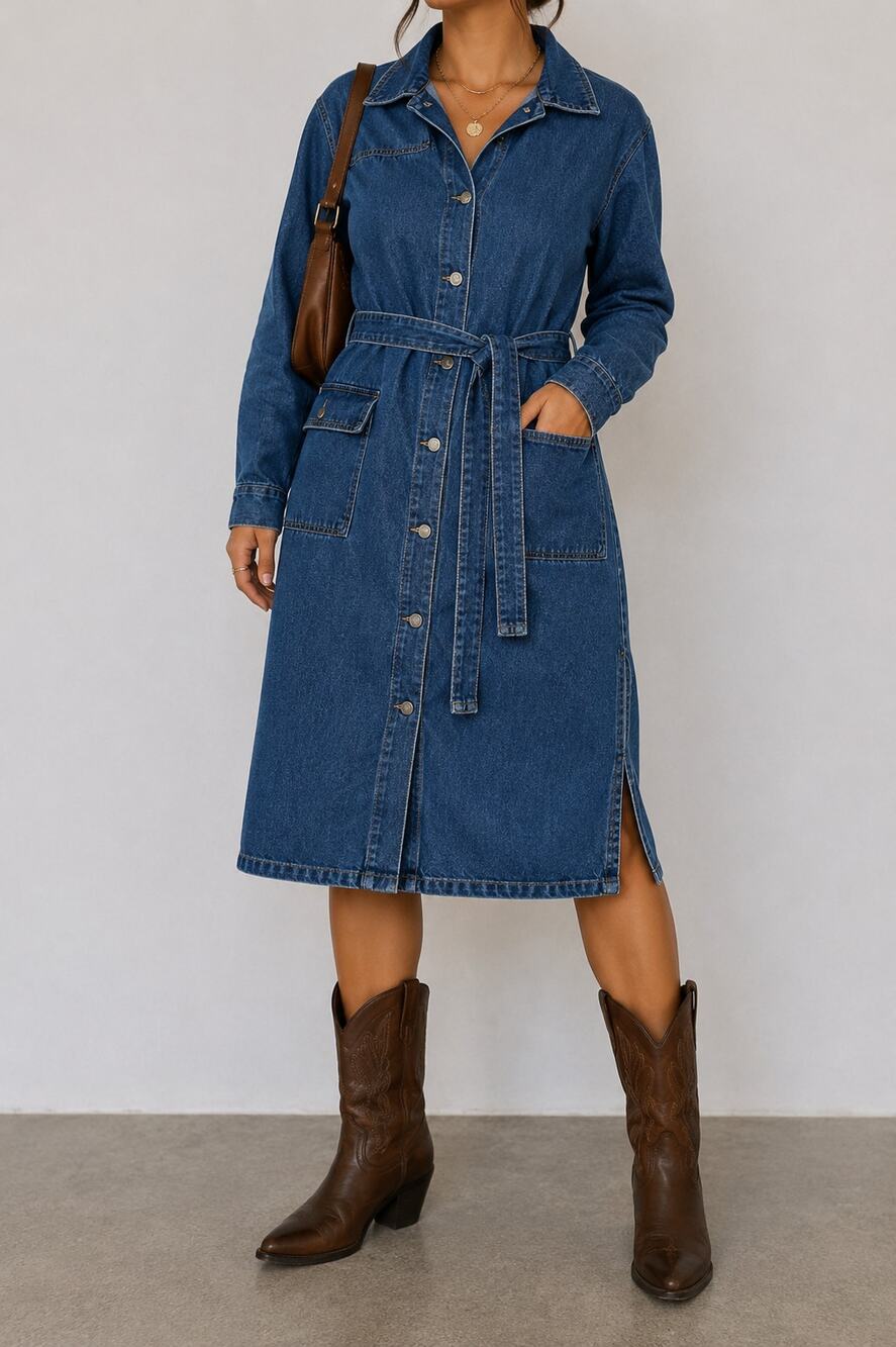 Bill Blass Jeans Denim Shirt Dress Women's M Belted Button Front Midi Western